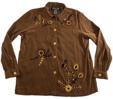 Indigo Moon Womens Blouse Sz 14 Brown Floral Embroidered Button Up Stretch NWT