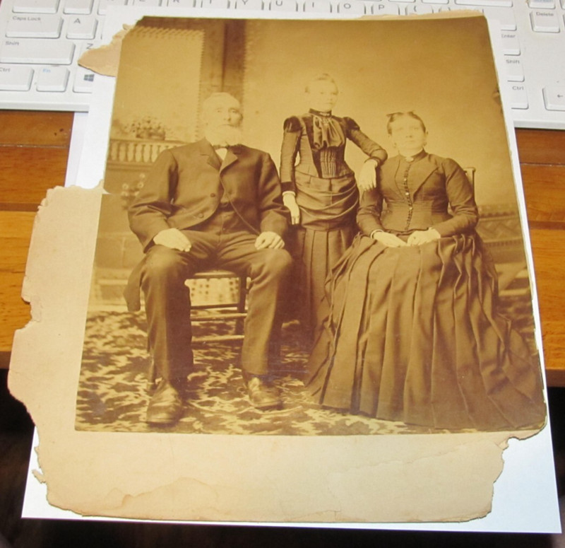 Old West Cabinet Card Photograph Father Mother Daughter Family Portrait 8" x 9"