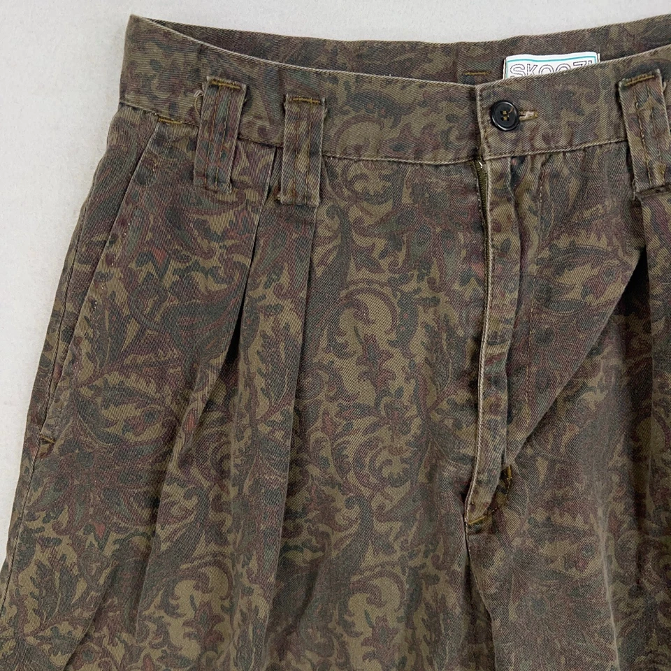 Vintage Skoozi Shorts Womens 13 Brown Olive Green Paisley Damask Pleated Grandma - Image 2 of 4