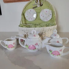 Children's Turtle Porcelain Tea Set In Wicker Basket 