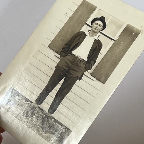 Antique RPPC Real Photograph Postcard Handsome Young Man Fedora Short Pants - Picture 5 of 10