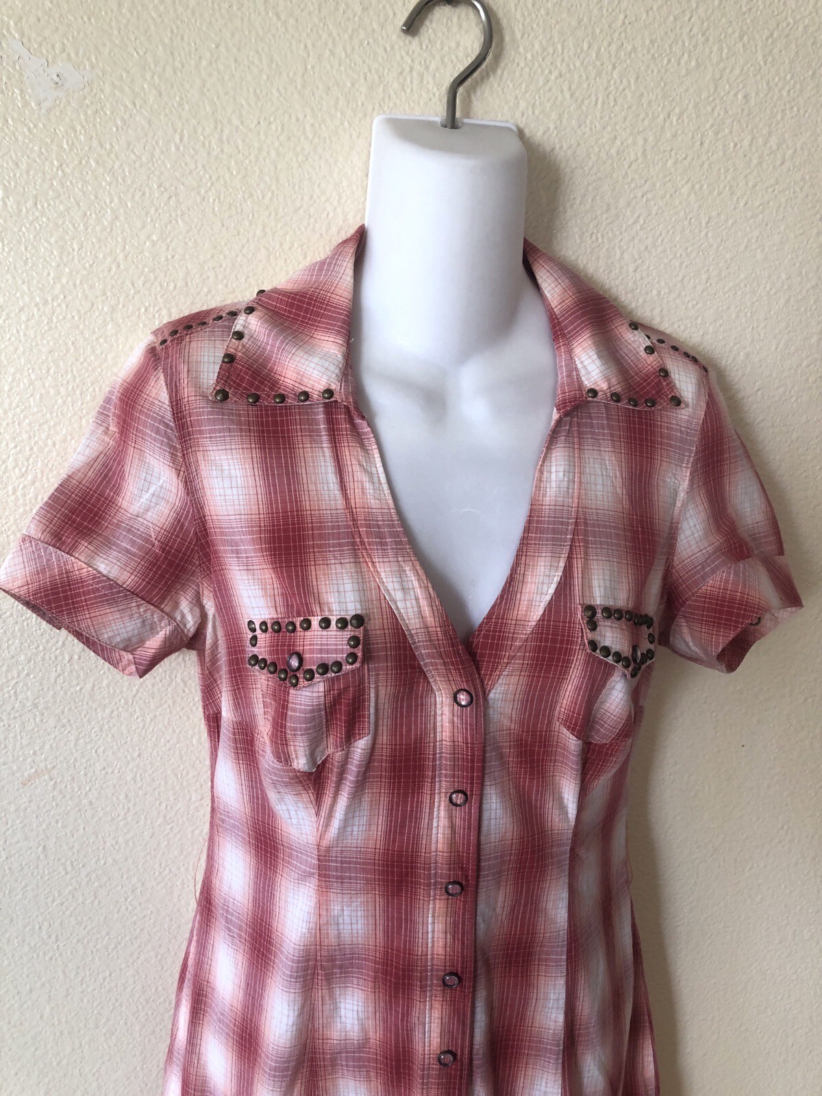 Y2K Guess Jeans Plaid Mini Dress Snap Front Studd… - image 3