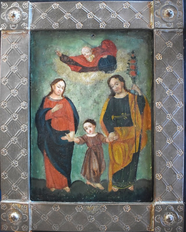 Antique 19th C. Spanish Colonial Painting/ Retablo - Sagrada Familia