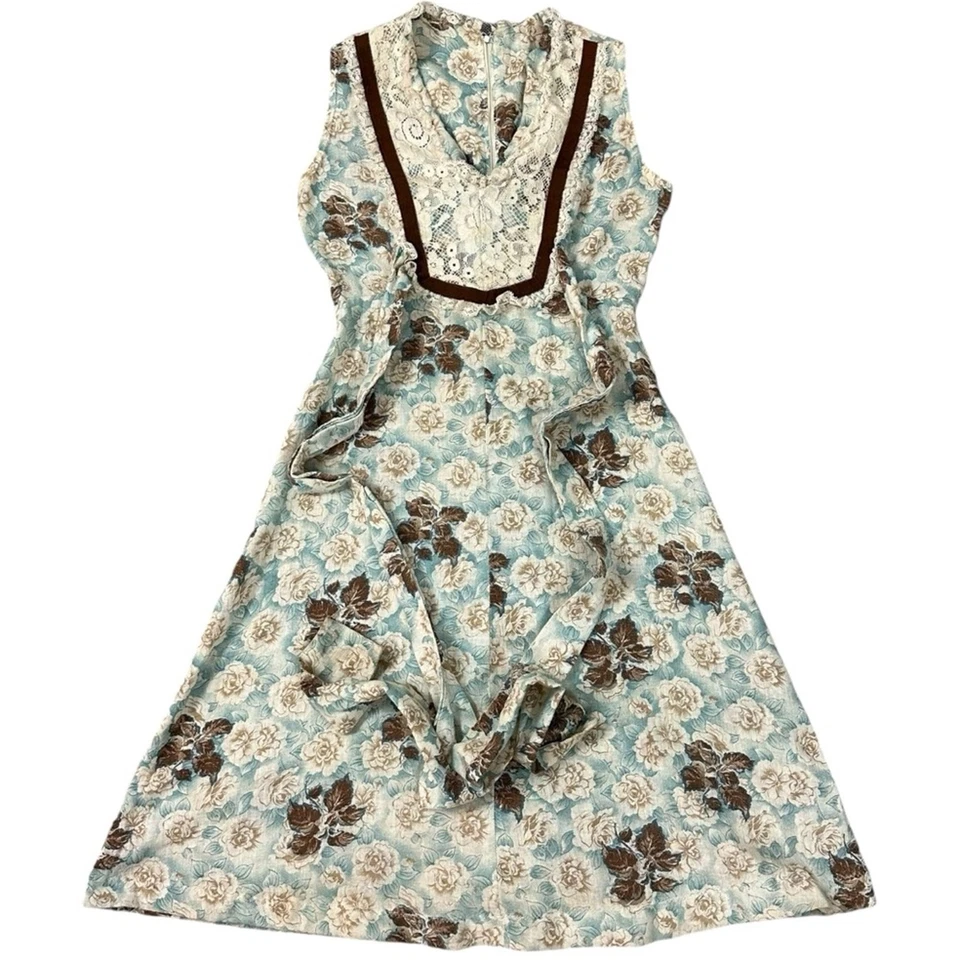 Vestido midi vintage años 60 70 rosas azules country pradera occidental encaje delicado pequeño Foto 3 de 4