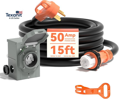 50 Amp Generator Cord 15FT and Power Inlet Box, Pre-Drilled 50 Amp Generator Inl