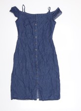 N ew Look Womens Blue  Cotton A-Line  Size 8  Boat Neck Button