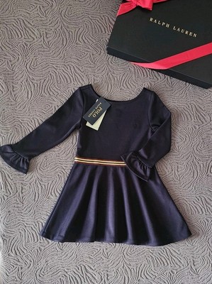 Neu Ralph Lauren marineblau Rüschen Bündchen Ponte Stretch Pony Logo Mädchen Kleid 18-24M