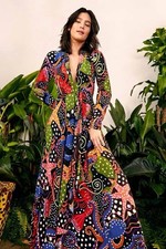 Farm Rio under the sea deep v neck long sleeve maxi dress multicolor black S nwt