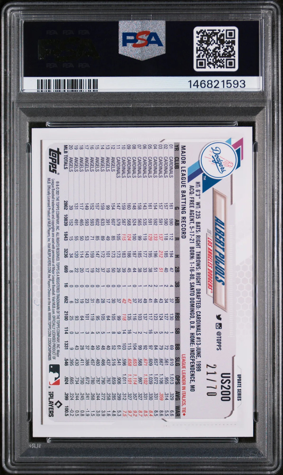 Albert Pujols - 2021 Topps Update Black PSA 9 21/70 view 2