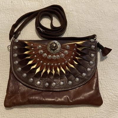 Half Moon Leather Purse Boho Crossbody Bag Studded Envelope Clutch Handcrafted