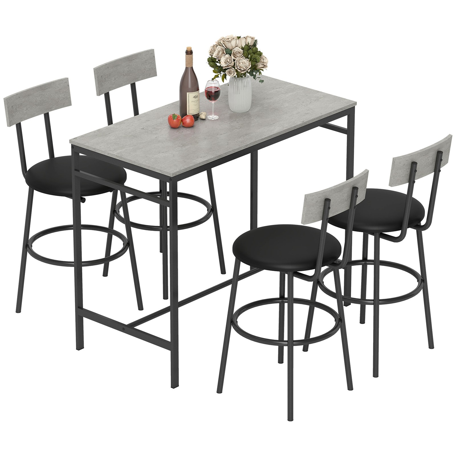 HOMCOM Set Tavolo Alto e 4 Sgabelli Bar con Schienale e Poggiapiedi Grigio