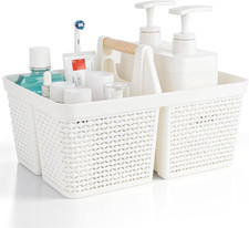 Portable Plastic Shower Caddy Basket with Wooden Handle, White Divided Storage