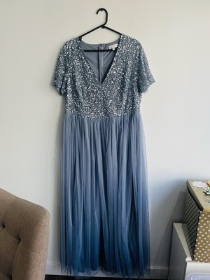 Maya Deluxe Damen Curve langes Brautjungfer/Abschlussball/Party silber Pailletten Kleid. 16-18