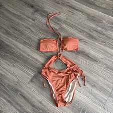 Victoria's Secret Swimsuit One Piece Orange Gold Shimmer Cut Out L NEW Swim