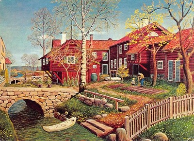 Sweden 1978 Timber Houses Art by Oskar Bergman vintage postcard B775
