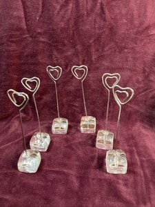 Hearts Silver Tone Metal Glass Base Note Card Display Holder Lot Of 6, 4.5"Tall