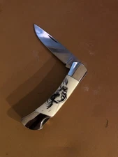 Vintage SABRE Fisherman Pocket Knife Faux Scrimshaw Trout Fly Fishing Scenes