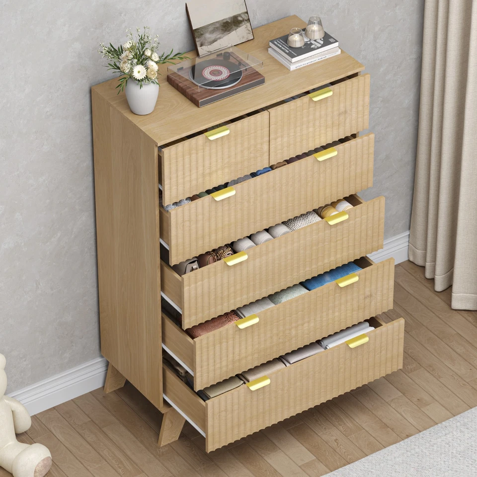 Fluted 6 Drawers Dresser with Metal Handle, Curved Profile Design for Bedroom - Image 4 of 4