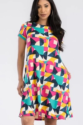 Abstract Comfortable Casual Colorful Short Tunic Dress Women Plus/Regular Sizes