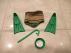 Vintage 1960  Mattel Ken Snorkel Outfit #1406  Swimsuit Green Fins Snorkel Mask