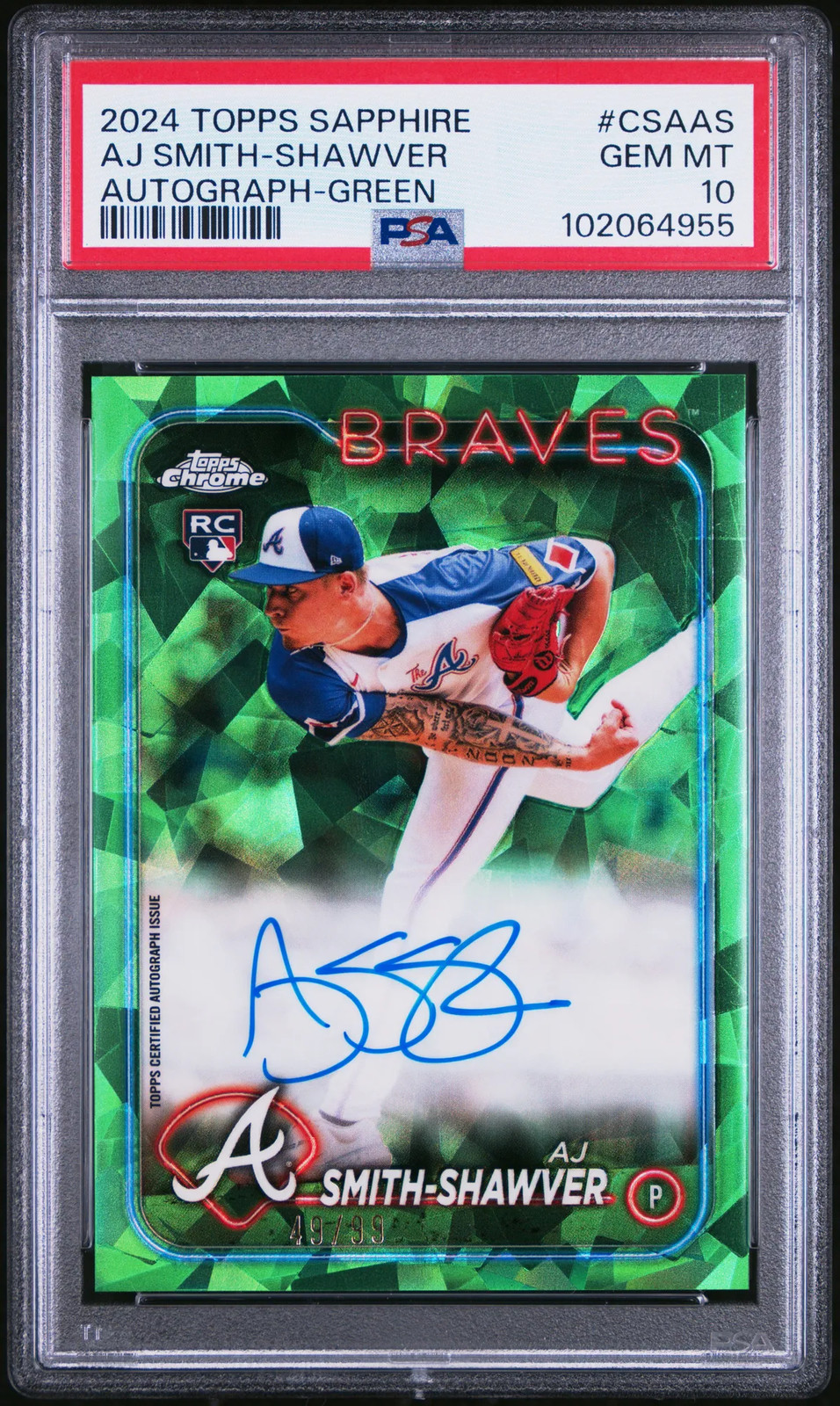 2024 Topps Chrome Sapphire Auto AJ Smith-Shawver #CSAAS Green /99 PSA 10