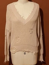 Ser.O.Ya Womens Cotton Knitted V-Neck Distress Long Sleeve Sweater Tan Size XS