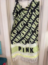 Victoria’s Secret PINK Stadium Scarf Wrap Shaw Neon Yellow Black Fringed 27”x88”