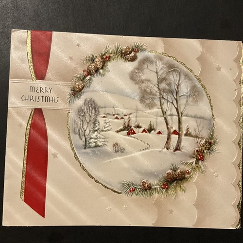 Vintage Weihnachtsgrußkarte schöne verschneite Winterszene rotes Band Goldrand