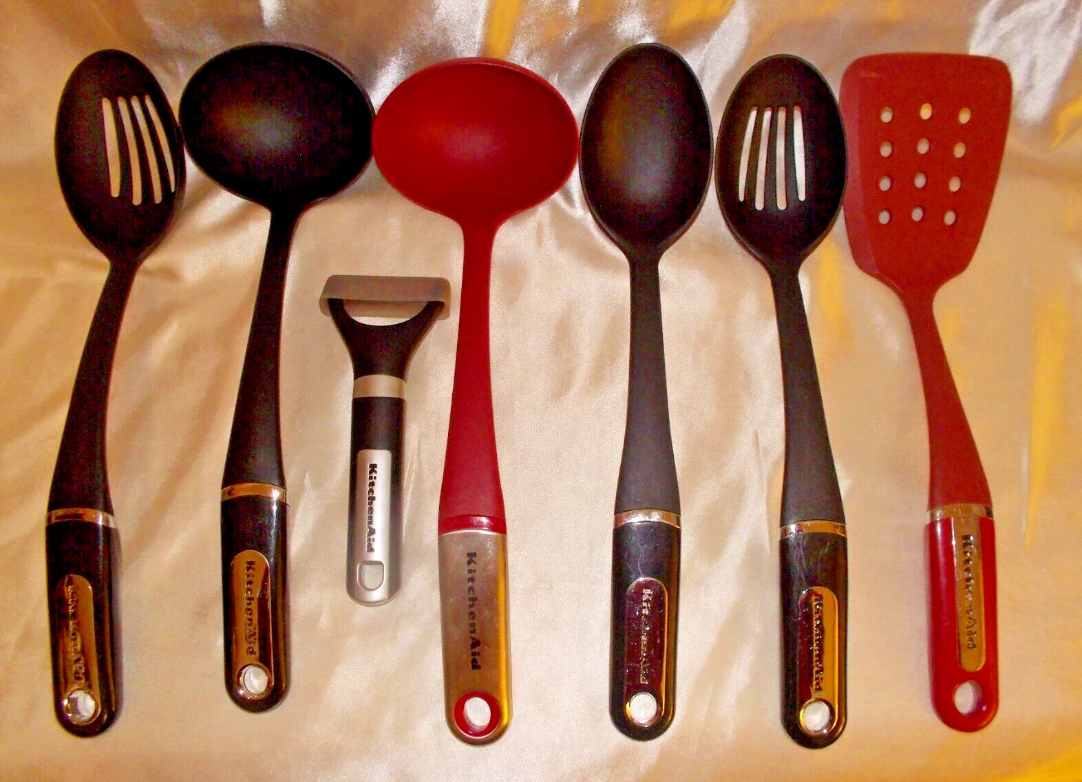 Lot of 7 KitchenAid Red Utensils - Ladle Peeler Turner Cooking Spoon & Pierced