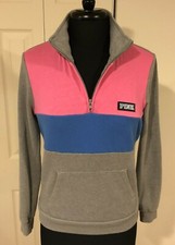PINK VICTORIA'S SECRET Gray Blue Pink 1/4 Zip Pullover Sweatshirt/Pocket Size XS