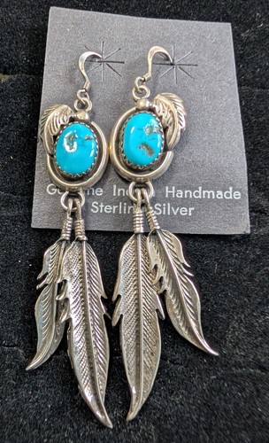 Native American Navajo Turquoise Sterling Silver Earrings w/ Dangle Feather