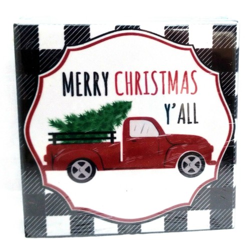 Ceramic COASTERS Red Farm Pickup Truck With Christmas Tree in Bed 4 pack SALE - Picture 3 of 4