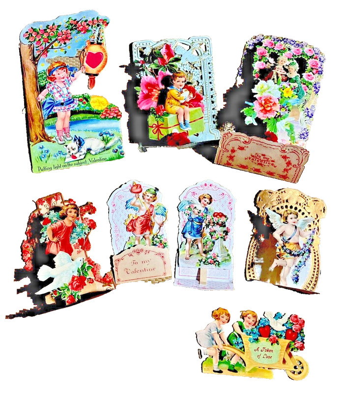 8 Antique Die Cut Valentine Cards Pull Down Pop Out 3D Germany Mechanical 1900s