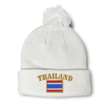 Pom Pom Beanies for Women Thailand Flag Embroidery Winter Hats for Men Skull Cap