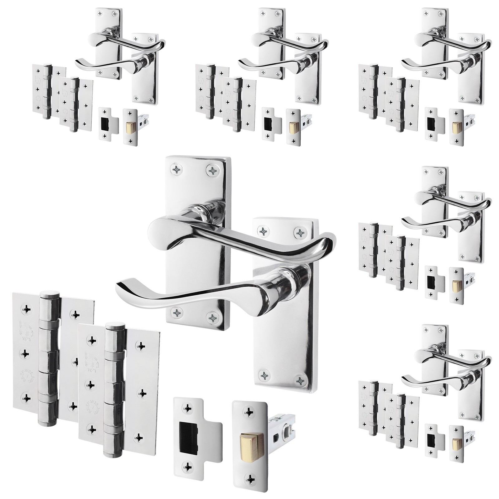 Polished Chrome Victorian Scroll Door Handle & Latch Set with Hinges 76mm 6 Pack