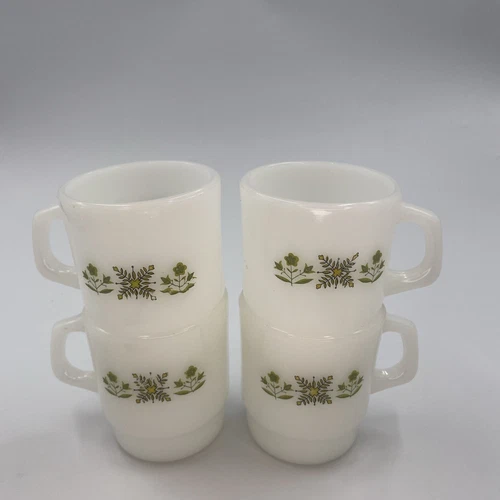Set of 4 Vintage FIRE KING Meadow Green D Handle Stackable Coffee Cups Mugs