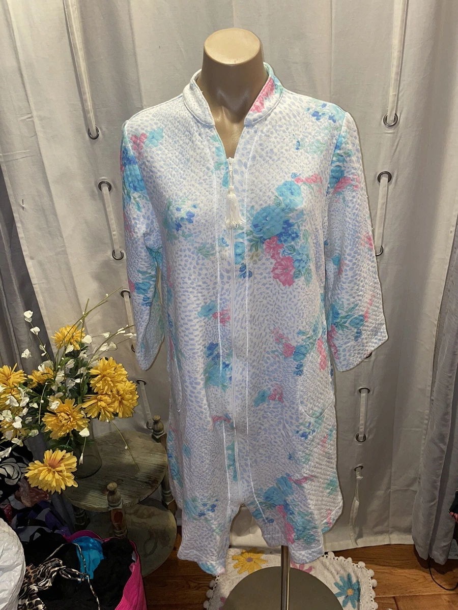 Miss Elaine Robe Womens M Full Zip Pink Blue Rose Floral Full Length Maxi Soft
