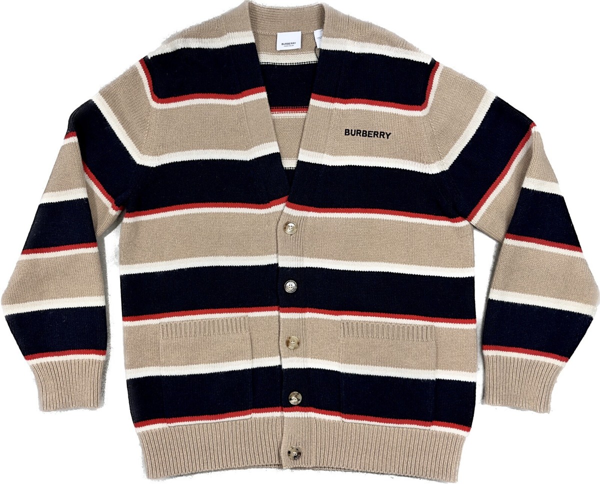 Burberry Logo Embroidered Striped Wool Cashmere Knit Cardigan