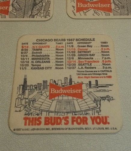☆ Chicago Bears Budweiser Beer Coasters Monsters of the Midway 1987 Vintage Bar - Picture 3 of 8