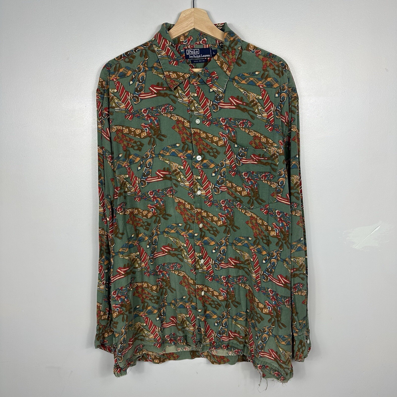 Vintage Polo Ralph Lauren Shirt, AOP Tie Print, Rayon, Rare 90s, Mens Large