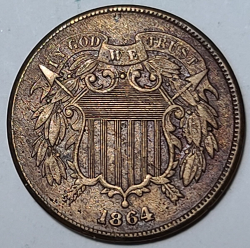 1864 Two 2 Cent Piece UNCIRCULATED MS BN - Large Motto DT44B - Picture 3 of 7