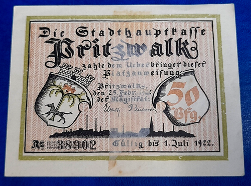PRITZWALK NOTGELD 50 PFENNIG 1922 EMERGENCY MONEY GERMANY BANKNOTE (31775) - Picture 2 of 2