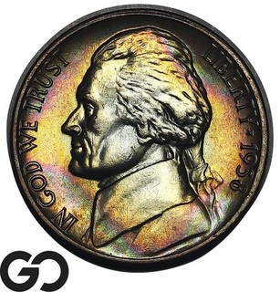 1938 Jefferson Nickel Gorgeous Rainbow Color Pretty Gem BU