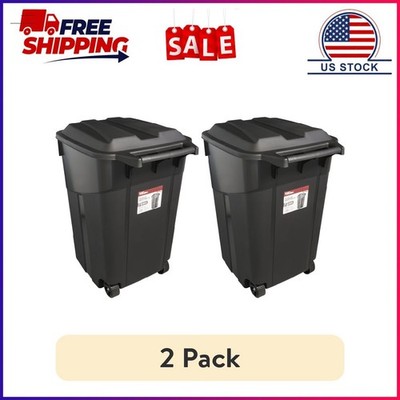 (2 pack) Hyper Tough 45 Gallon Wheeled Heavy Duty Plastic Garbage Can, Attached