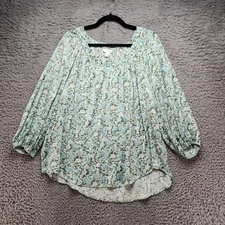 LC Lauren Conrad Shirt Womens XL Blue Green Floral 3/4 Sleeve Blouse 100% Polyes