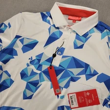 New Redvanly Polo Shirt Mens Medium Bond Print Bright White Blue Geometric NWT