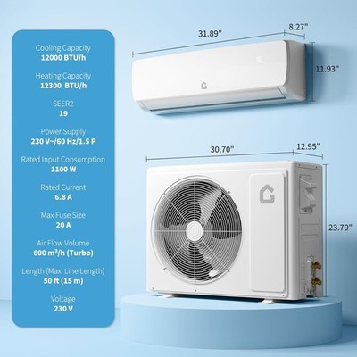 12000 BTU Ductless Mini Split Air Conditioner & Heater 19 SEER2 High-Efficiency