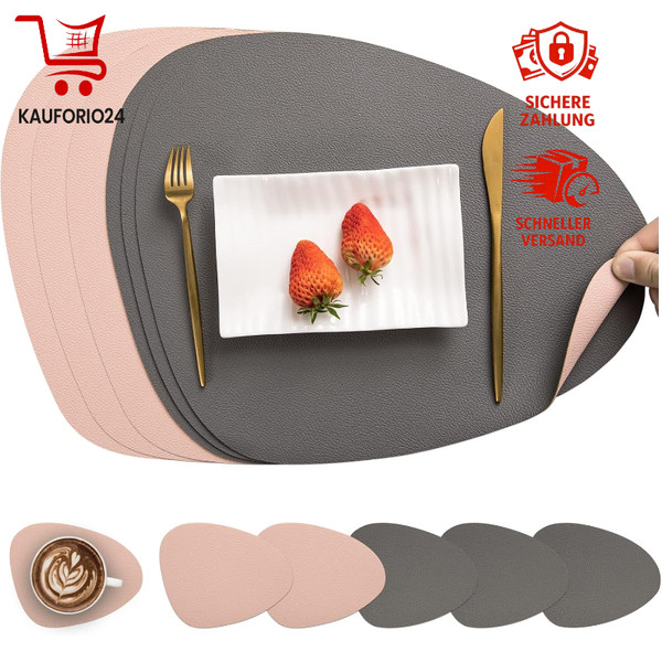 Tischsets Rund Abwaschbar Doppelseitig Rutschfest Kunstleder Grau Rosa 6Er Set-image