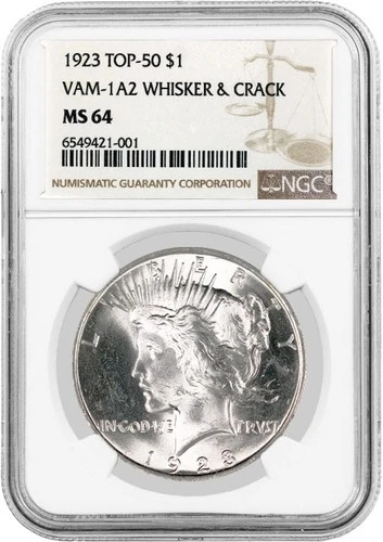 1923 $1 Silver Peace Dollar TOP 50 VAM 1A2 Whisker & Crack MS64 Coin