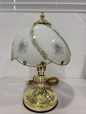 Vtg 3-Way Touch Table Lamp Brass Blue Floral Glass Panel Shade